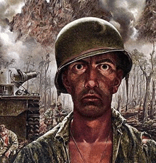 a painting of a soldier wearing a helmet in front of a tank