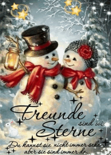 a couple of snowmen standing next to each other with the words freunde sind wie sterne written below them