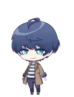 a cartoon character with blue hair and blue eyes is wearing a trench coat and striped shirt