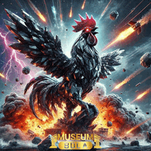 a poster for museum bola with a rooster in the middle of a explosion