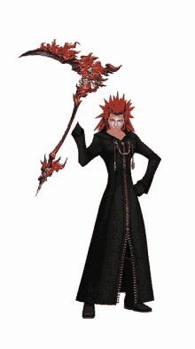 a cartoon character with red hair is holding a large red scythe