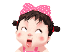 a little girl with a pink bow on her head is making a funny face