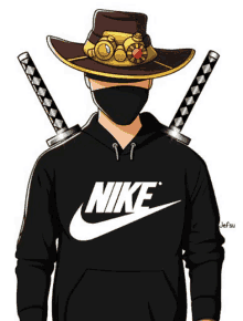 a cartoon of a man wearing a nike hoodie and a cowboy hat with two swords .