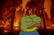 a cartoon of a frog with his eyes closed in a forest