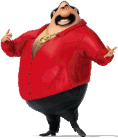 a cartoon character wearing a red shirt and a gold chain