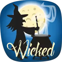 an illustration of a witch stirring a cauldron with the word wicked written below her