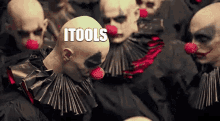 a group of bald clowns with red noses and the words itools written on the bottom