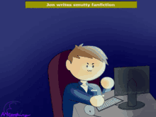 a cartoon of jon writing smutty fanfiction on a computer screen