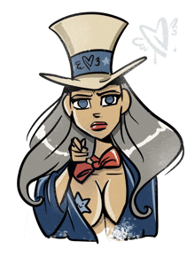 a cartoon drawing of a woman wearing a top hat with the letter v3 on it