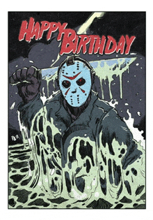 a cartoon of jason voorhees holding a knife and the words happy birthday