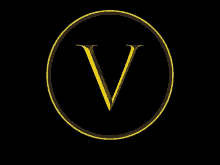 a gold letter v in a black circle on a black background