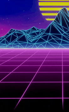 a computer generated image of a futuristic landscape with a grid and mountains in the background