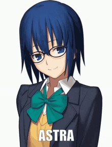 a girl with blue hair and glasses has the name astra on the bottom