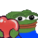 a cartoon frog is holding a red heart in its mouth .