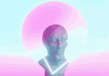 a statue of a man 's head is surrounded by a neon triangle on a pink and blue background .