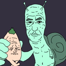 a drawing of a man and a snail with a face on it