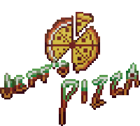 a pixel art drawing of a pizza with the word pizza below it