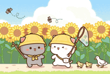 a couple of cartoon characters standing in a field of sunflowers with one holding a net