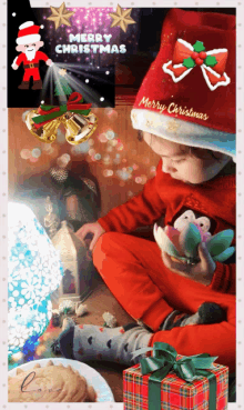 a child wearing a santa hat with merry christmas on it