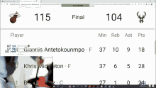 a computer screen shows the score of a game between the miami heat and the bucks