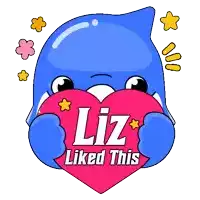 a blue dolphin holding a pink heart with the words liz liked this on it