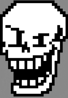 a pixel art drawing of a skull with a smile on it .