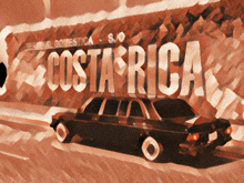 a painting of a car driving past a sign that says costa rica