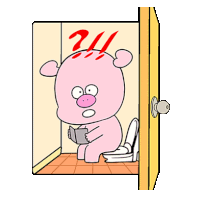 a cartoon pig is sitting on a toilet holding a book and has a question mark on his head .