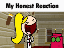 a cartoon of a girl laughing with the words my honest reaction