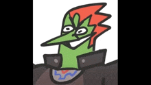 a green cartoon character with a red lightning bolt on its head