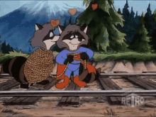 a cartoon of two raccoons sitting on train tracks with retro written on the bottom right