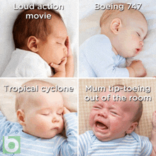 four babies are shown in a collage including one who is crying