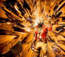 a man in a superhero costume is standing in front of a explosion of light .