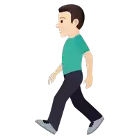 a man in a blue shirt and black pants is walking on a white background