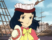 a cartoon girl wearing a red hat and a yellow bow is standing in front of a ship .