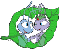 a couple of cartoon characters sitting on a green leaf