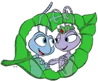 a couple of cartoon characters sitting on a green leaf