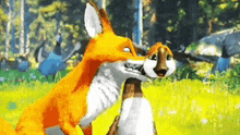 two cartoon foxes are standing next to each other in the grass .