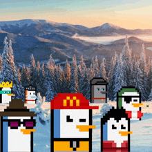 a group of pixelated penguins standing in the snow with mountains in the background