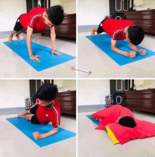 four pictures of a man doing push ups on a blue mat with the caption a dilminha