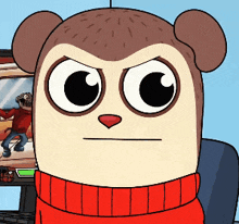 a cartoon monkey wearing a red sweater and scarf