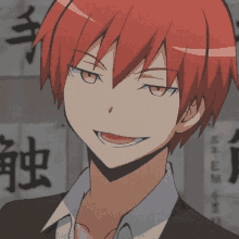 a close up of a red haired anime character smiling