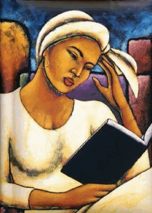 a painting of a woman reading a book while sitting in a chair .