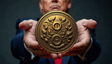 a man in a suit and red tie is holding a gold coin with a crown on it