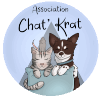 a logo for association chat ' krat shows a cat and a dog laying on a pillow