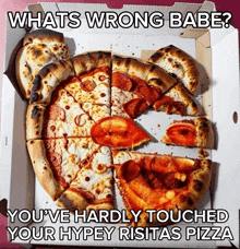 a pizza in a box with the words whats wrong babe