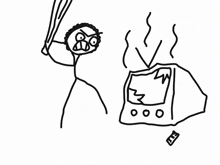 a black and white drawing of a stick figure holding a bat and a broken television