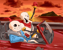 a drawing of two skeletons driving a red car with a sunset in the background