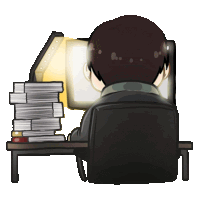 a man sits at a desk with a stack of books