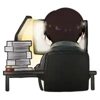 a man sits at a desk with a stack of books